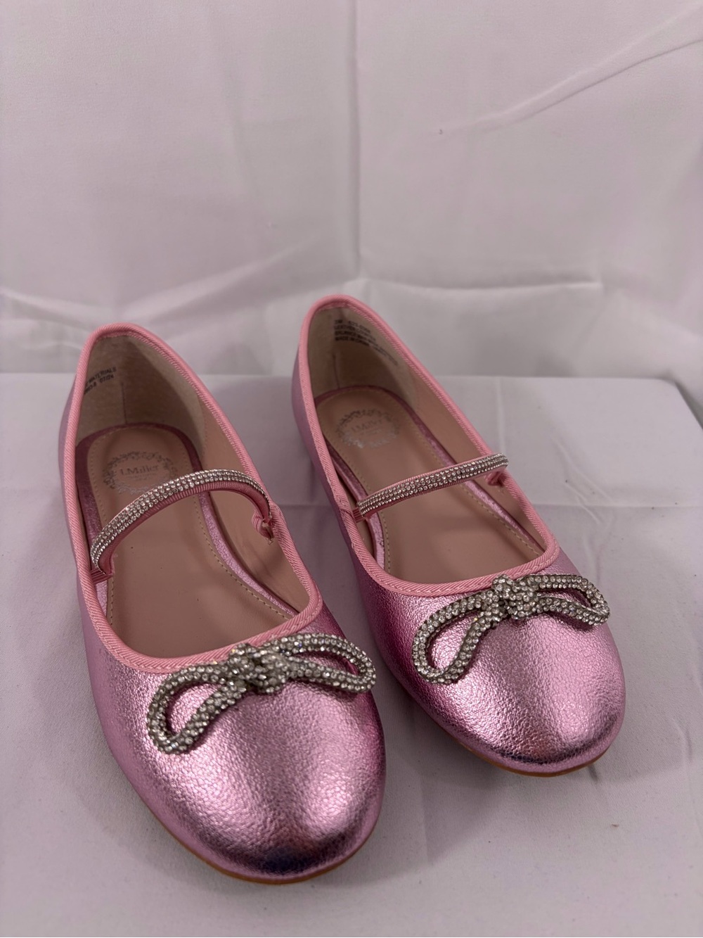 NWT Nicole Miller Youth Size 3 Metallic Pink Ballet Flats with Rhinestone Bow